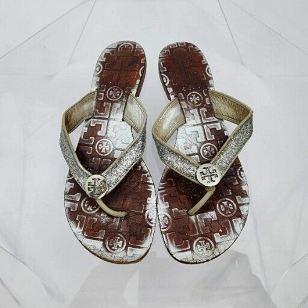 Tory Burch Thora 7 M Silver Glitter/Leather Sandals Flip Flops Slides Thongs